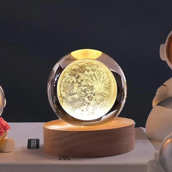 Moon Crystal Ball, Glowing 3D Crystal Ball with Led, Glass Ball Night Lamp with Wood Base with a gift