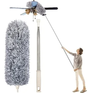Microfiber Feather Extendable & Bendable Dusters Washable High Celling Cleaning Duster with 100 inches Stainless Still Expandable Pole Handle(Grey) with a gift