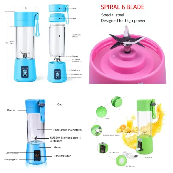 USB Chargeable Juicer 6 Blades 380ml Bottle Cup - Smoothie Maker - Travel Juicer - Rechargeable with Charging Cable with a gift